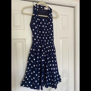 Navy & white sleeveless polka dot dress zip up back